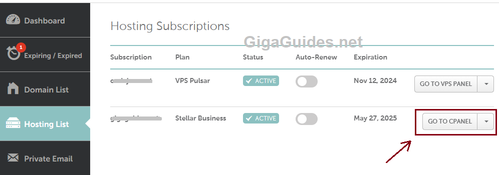 go to cpanel in hosting list