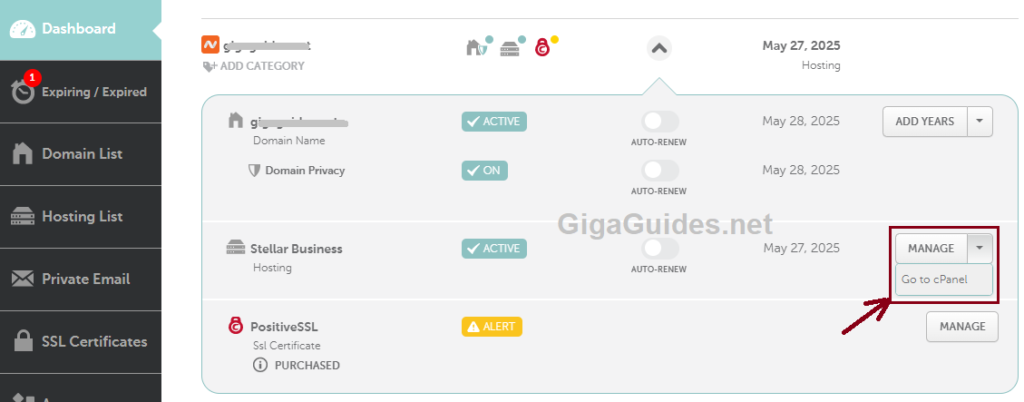 go to cpanel in dashboard