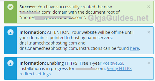 Success added domain message