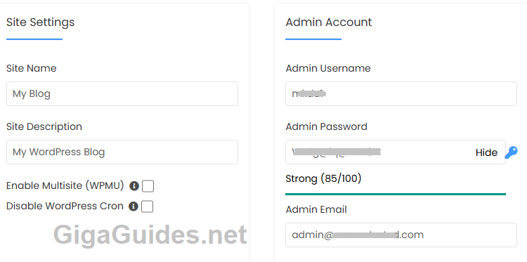 wordpress install configure site settings