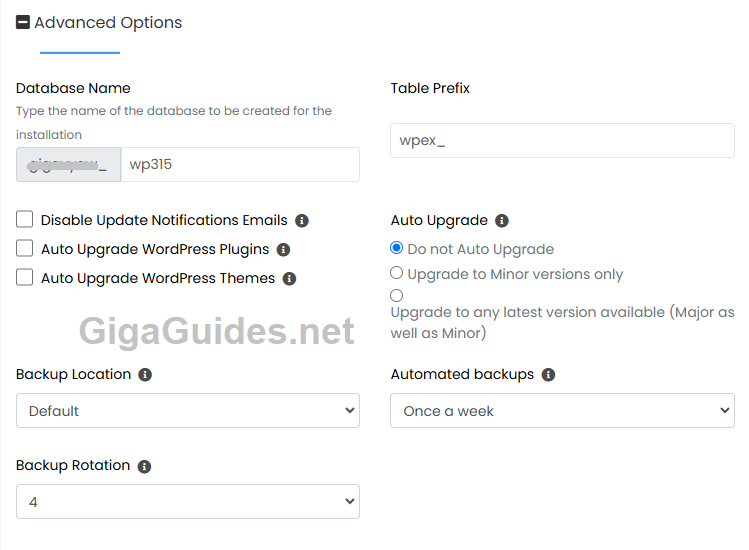 install wordpress configure advanced options