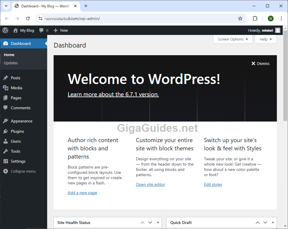 test wordpress admin panel