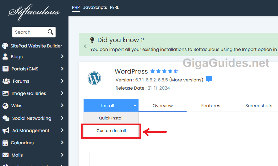 choose wordpress custom install