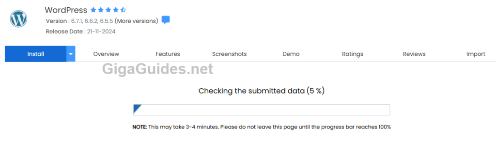 wordpress installation in progress