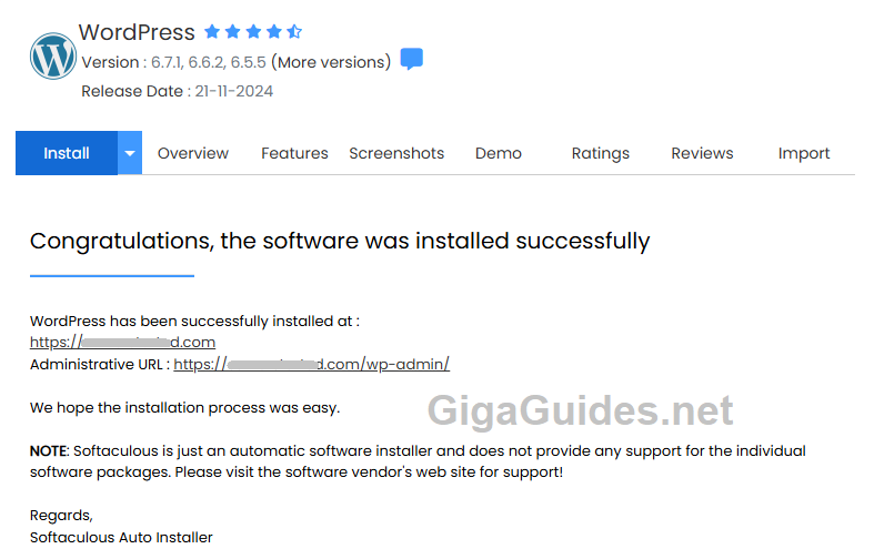 wordpress installation success message