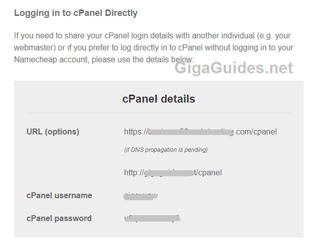NameCheap cPanel Login details